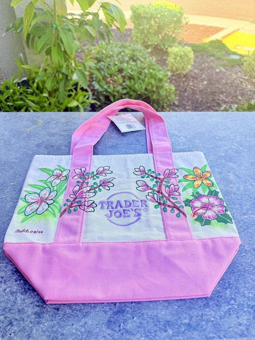 Trader Joes Mini Canvas Tote Bag Pink Hand Painted Floral Custom Flower Art